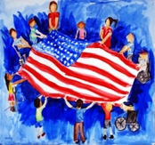 Child's painting showing a group of kids holding an American flag