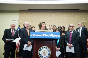 Alliance for a Just Society Lobbyist Bill Daley (far right) attended a Washington D.C. press conference in support of raising the minimum wage. Pictured in the front row are Democratic Whip Rep. Steny Hoyer, Congressman George Miller, Minority Leader Nancy Pelosi, and Secretary of Labor Tom Perez.